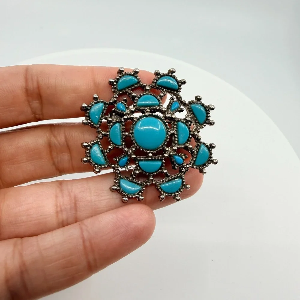 Vintage Silver Tone Simulated Turquoise Flower Brooch Pin Boho Retro Ornate‎ 90s
